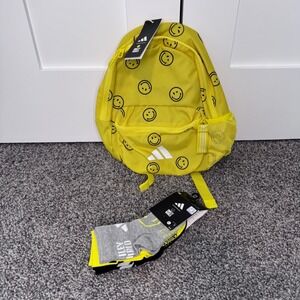 NWT Adidas LK Smiley World Bundle Kids Backpack & Crew Socks Bright Yellow New